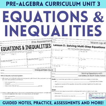 Preview of Equations and Inequalities Unit Pre Algebra Curriculum