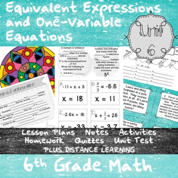 Preview of Expressions and One-Variable Equations - Unit 6 - 6th Grade + Distance Learning