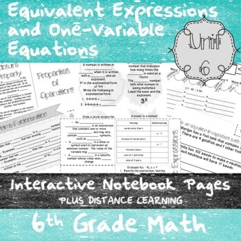 Preview of Expressions and One-Variable Equations Unit 6 - 6th Grade - Notes+Distance Learn