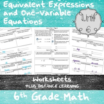 Preview of Expressions and One-Variable Equations Unit 6 -6th Grade - Worksheets + Distance