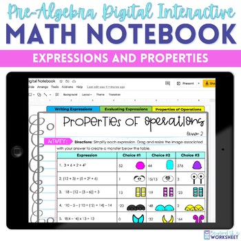 Preview of Expressions and Properties Digital Interactive Notebook for Pre-Algebra