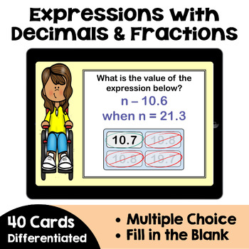 Preview of Expressions with Decimals and Fractions Boom Cards - Digital Task Cards