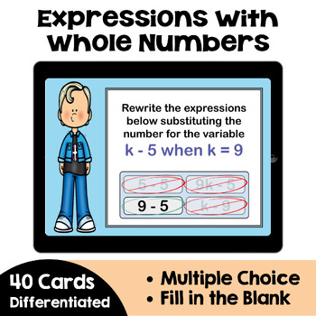 Preview of Expressions with Whole Numbers Boom Cards - Self Correcting Digital Task Cards