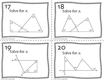 Exterior Angle and Triangle Sum Theorem Task Cards by Mrs E Teaches Math