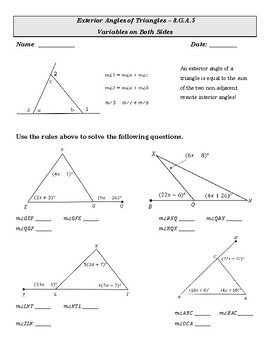 Preview of Exterior Angles of Triangles (variables on both sides)