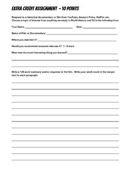 Preview of Extra Credit Assignment Idea/ Worksheet for MS or HS Social Studies