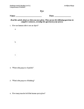 Preview of Eye Article (Reading Level 1) Comprehension Worksheet