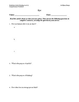 Preview of Eye Article (Reading Level 2) Comprehension Worksheet