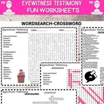 Preview of Eyewitness Testimony Worksheets Word Search and Crosswords