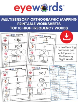 Preview of Eyewords™ Free Multisensory-Orthographic Printable Worksheets for TOP 10 Words