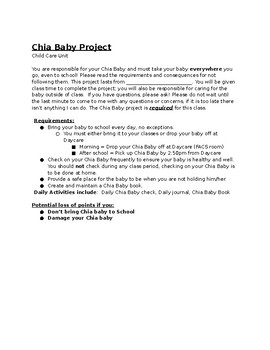 Preview of FACS Child Care Baby Project Directions & Grading Sheet: Egg Baby, Chia Baby