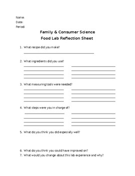Preview of FACS Food Lab Reflection Sheet