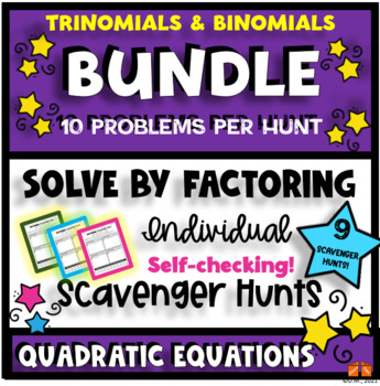 Preview of FACTORING TRINOMIALS & BINOMIALS BUNDLE SELF SCAVENGER HUNT 9 ACTIVITIES