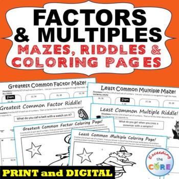 Preview of FACTORS & MULTIPLES GCF LCM Mazes, Riddle Color by Number | Print and Digital