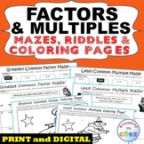 FACTORS & MULTIPLES GCF LCM Mazes, Riddle Color by Number 