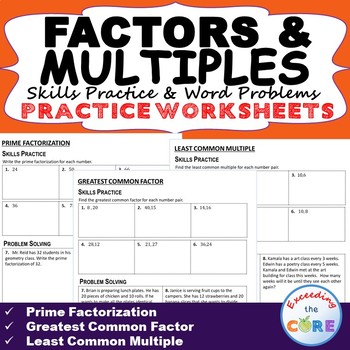 FACTORS & MULTIPLES Homework Practice Worksheets - Skills & Word Problems