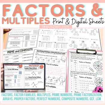 Preview of Factors and Multiples Prime and Composite Prime Factorization GCF LCM Sheets