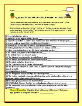 Preview of FACTS ABOUT DESERTS: STEM/QUIZ  W/ ANSWER KEY      GRS. 5-12, MG, EARTH SCIENCE