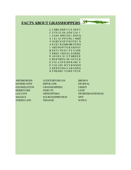 Preview of FACTS ABOUT GRASSHOPPERS WORD SEARCH