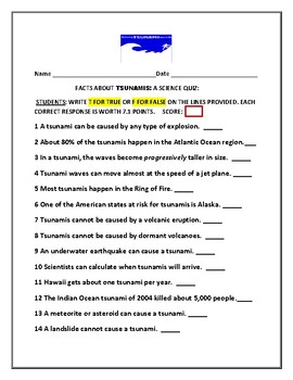 Facts About Tsunamis A Science Quiz T F With Answer Key Tpt