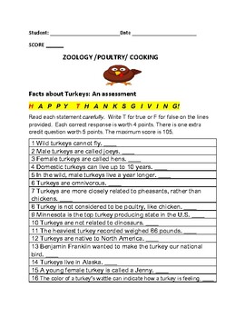 Preview of FACTS ABOUT TURKEYS: A THANKSGIVING KNOWLEDGE QUIZ  W/ ANS. KEY