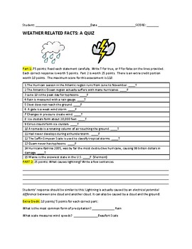 Preview of FACTS ABOUT WEATHER: 2 PART QUIZ W/ EXTRA CREDIT, ANS. KEY, GRS. 7-12