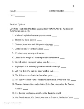 Preview of FACT AND OPINION: WORKSHEET GRADES 7-10