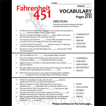 FAHRENHEIT 451 Vocabulary List and Quiz (30 words, pgs 47-82) | TpT