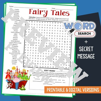 Preview of FAIRY TALES Word Search Puzzle Activity Vocabulary Worksheet Secret Message