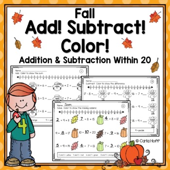 Preview of FALL Addition and Subtraction to 20 Worksheets - Add! Subtract! Color!