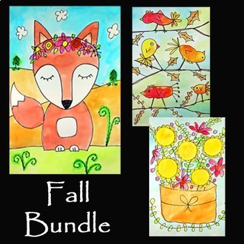 Preview of FALL BUNDLE | 3 Directed Drawing & Watercolor Painting Art Projects for Autumn