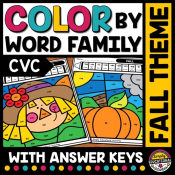 Preview of FALL COLOR BY CODE CVC WORD WORKSHEET NOVEMBER PHONICS READ COLORING PAGE SHEET