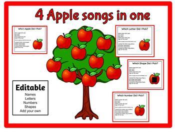 Preview of FALL- Four Apple Songs with EDITABLE names, letters, numbers, shapes