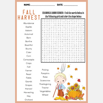 FALL HARVEST word search puzzle worksheets activity by Mind Games Studio