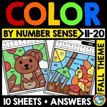 Preview of FALL MATH COLOR BY TEEN NUMBER SENSE ACTIVITY SEPTEMBER COLORING PAGE WORKSHEETS