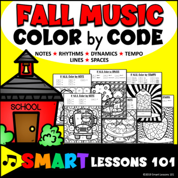Preview of FALL Music COLOR by CODE WORKSHEETS Note Rhythm Dynamics Tempo Coloring Pages
