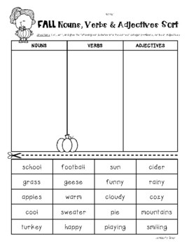 Preview of FALL Nouns, Verbs and Adjectives Sorting Worksheet Pack