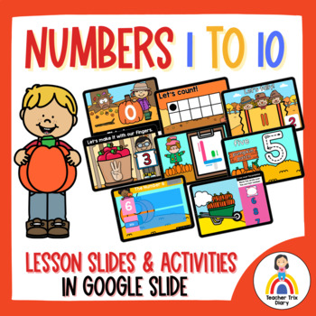 Preview of FALL Numbers 1 to 10 Digital Lesson, Review and Activities in Google Slides