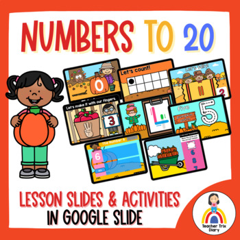 Preview of FALL Numbers to 20 Digital Lesson, Review and Activities in Google Slides