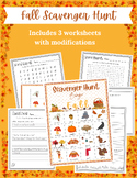 FALL Scavenger Hunt Bingo with Worksheets and Modification