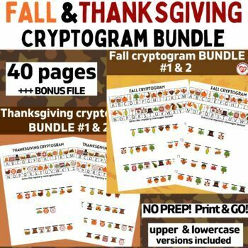 Preview of FALL & THANKSGIVING CRYPTOGRAM WORKSHEET BUNDLE 40 pgs + Bonus file no prep