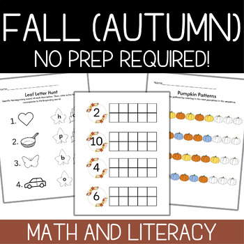 Preview of FALL Theme (NO PREP) - Math and Literacy | Pre-K, Kindergarten