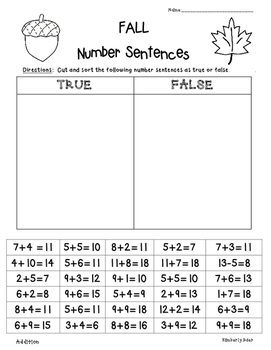 FALL True or False Number Sentences - Sorting True or False? Equalities