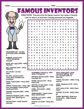 Preview of FAMOUS INVENTORS & INVENTIONS Word Search Puzzle Worksheet Activity