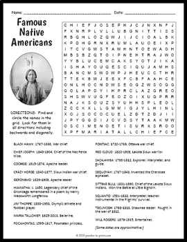 Preview of FAMOUS NATIVE AMERICANS  Word Search Puzzle Worksheet Activity