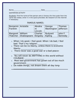 Preview of FAMOUS QUOTES ACTIVITY W/ANSWER KEY GRADES 4-8