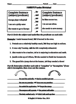 Coordinating Conjunctions (FANBOYS) Worksheet for 4th - 8th Grade