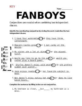 Preview of FANBOYS Worksheet