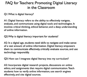 Preview of FAQ for Teachers: Promoting Digital Literacy in the Classroom
