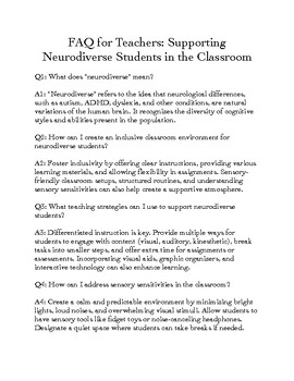 Preview of FAQ for Teachers: Supporting Neurodiverse Students in the Classroom